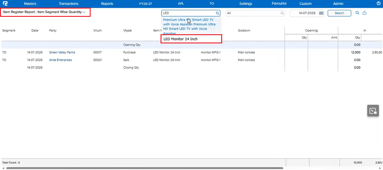 Item searchable in Item Register Report Item Segment Wise Quantity