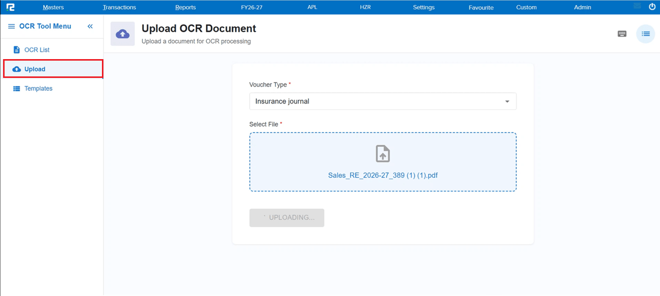 Invoice uploaded via Voucher AI Upload screen