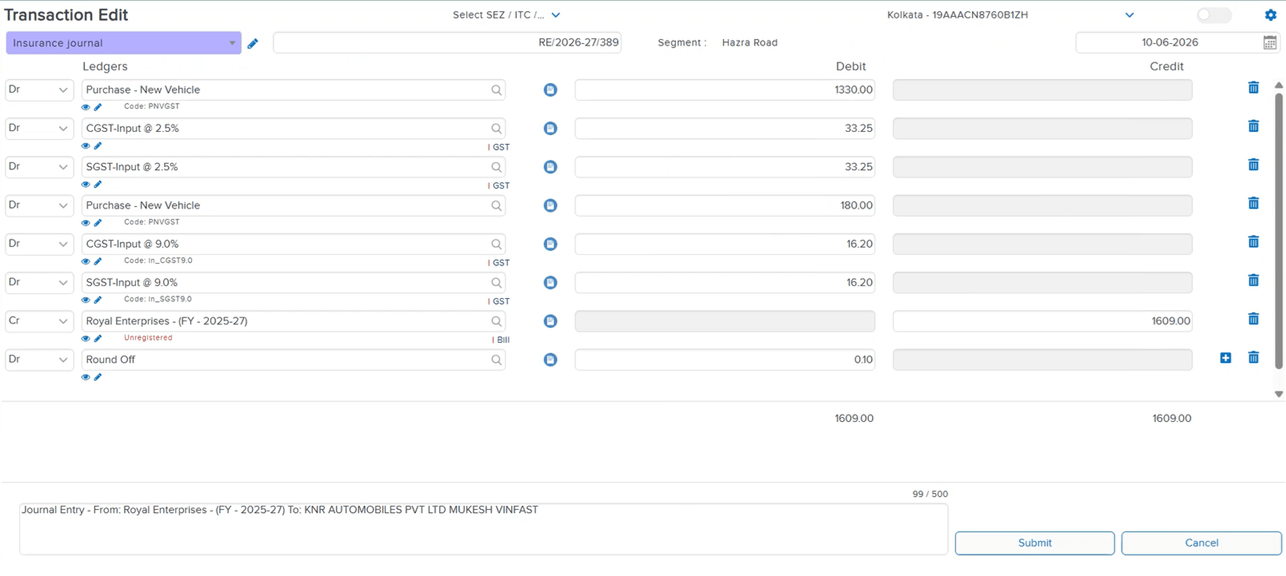 Transaction Edit showing separate Purchase Ledger and GST entries per rate after fix