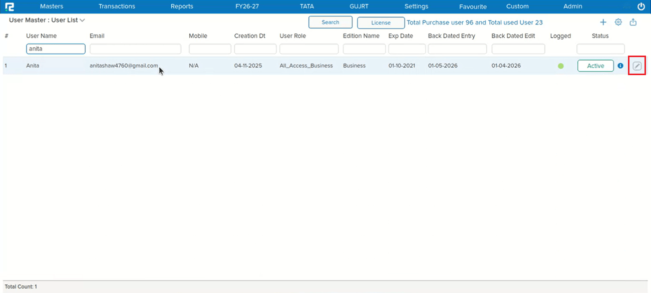 User Master User List with edit permission icon highlighted