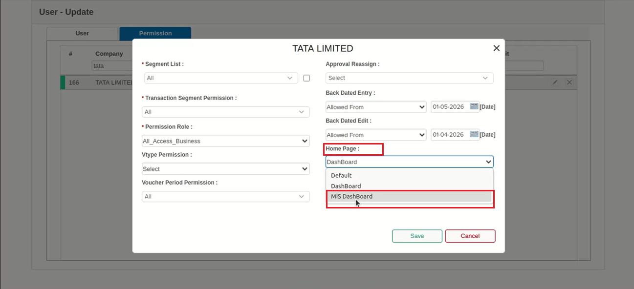 User Update Permission Home Page dropdown with MIS DashBoard option