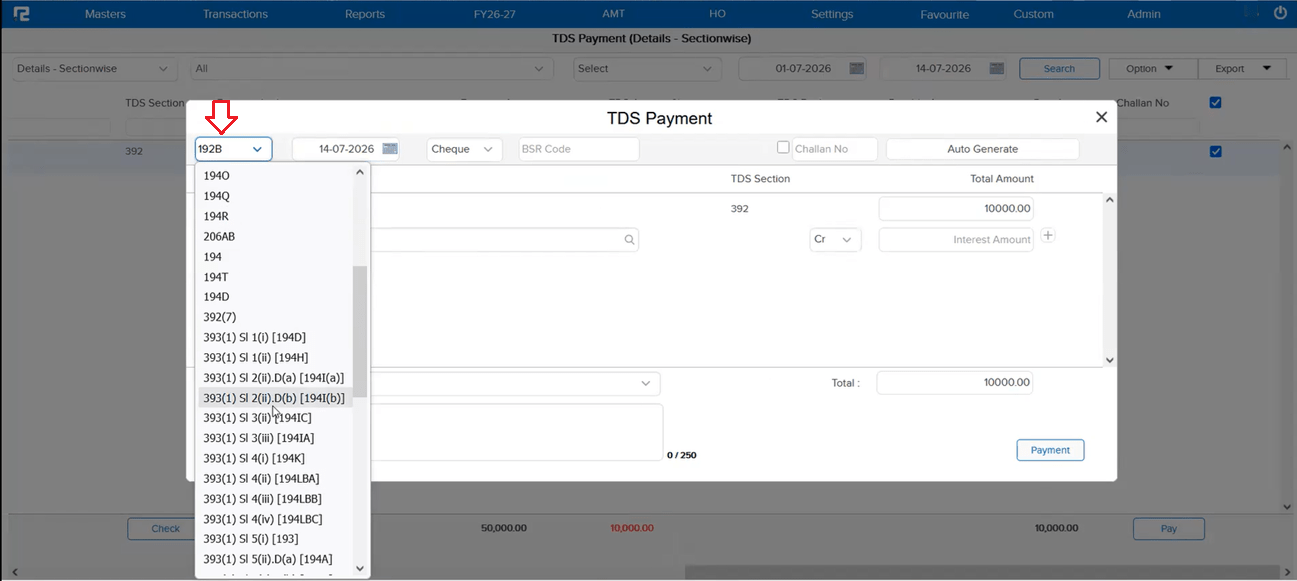 New TDS sections listed in TDS Payment Challan Tagging popup