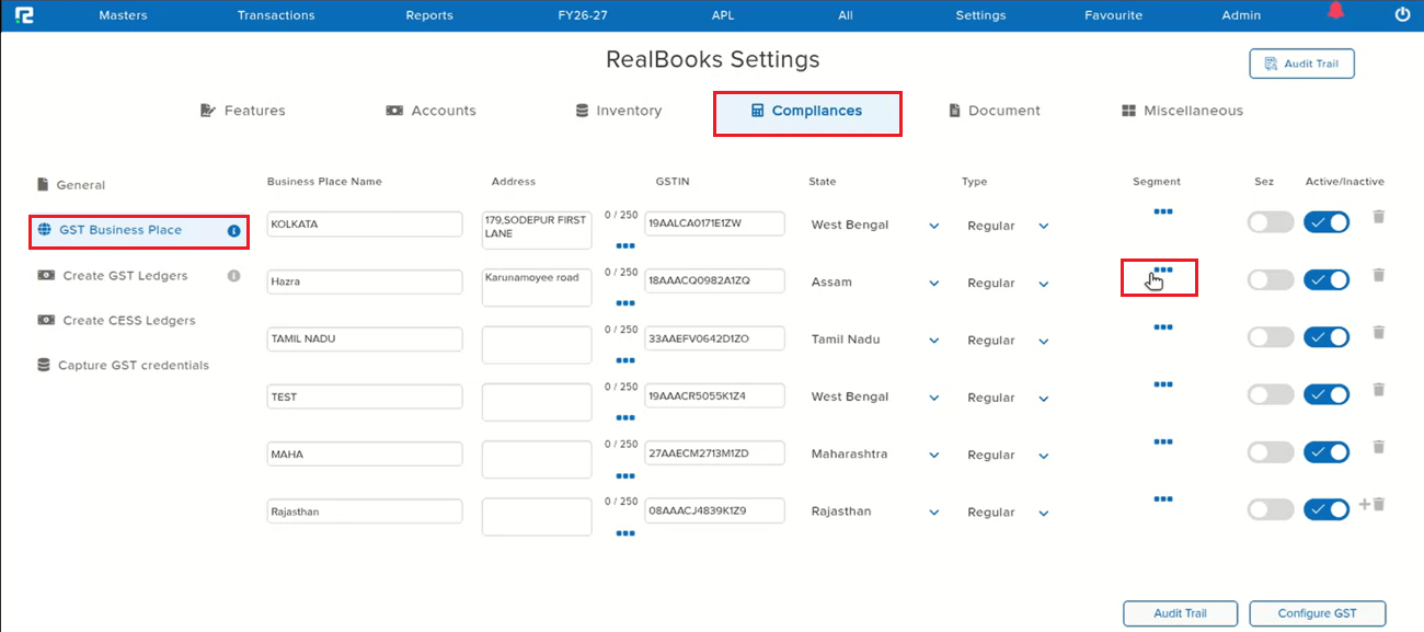 RealBooks Settings GST Business Place Segment column