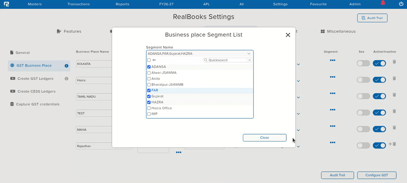Business Place Segment List popup with segment checkboxes