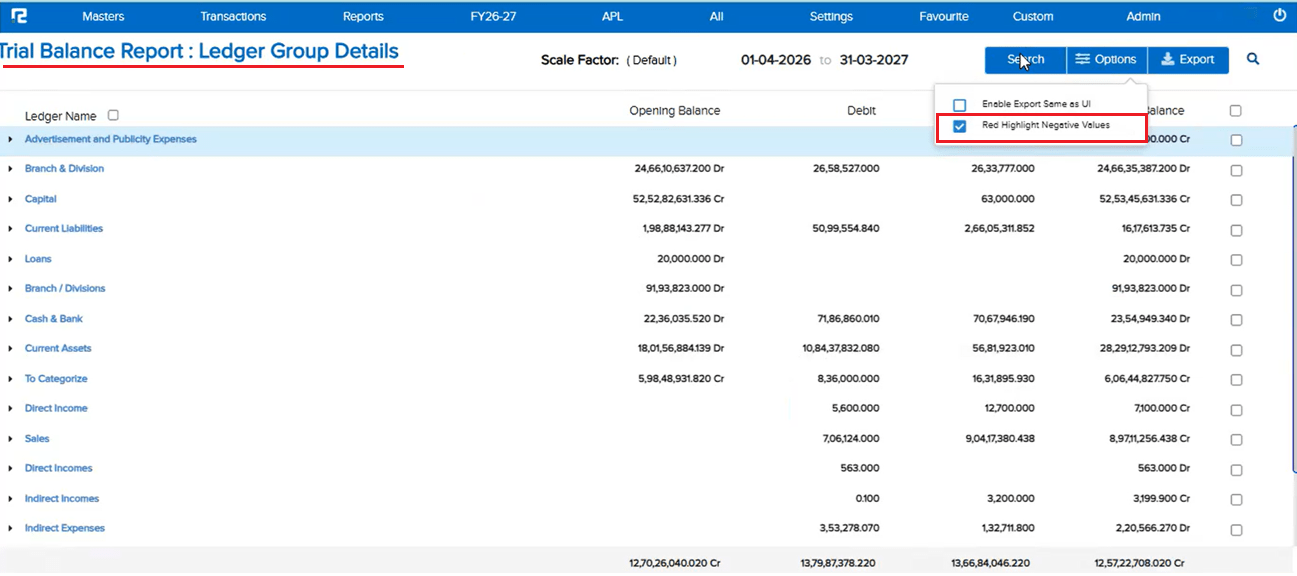 Trial Balance Report Options dropdown with Red Highlight Negative Values checkbox
