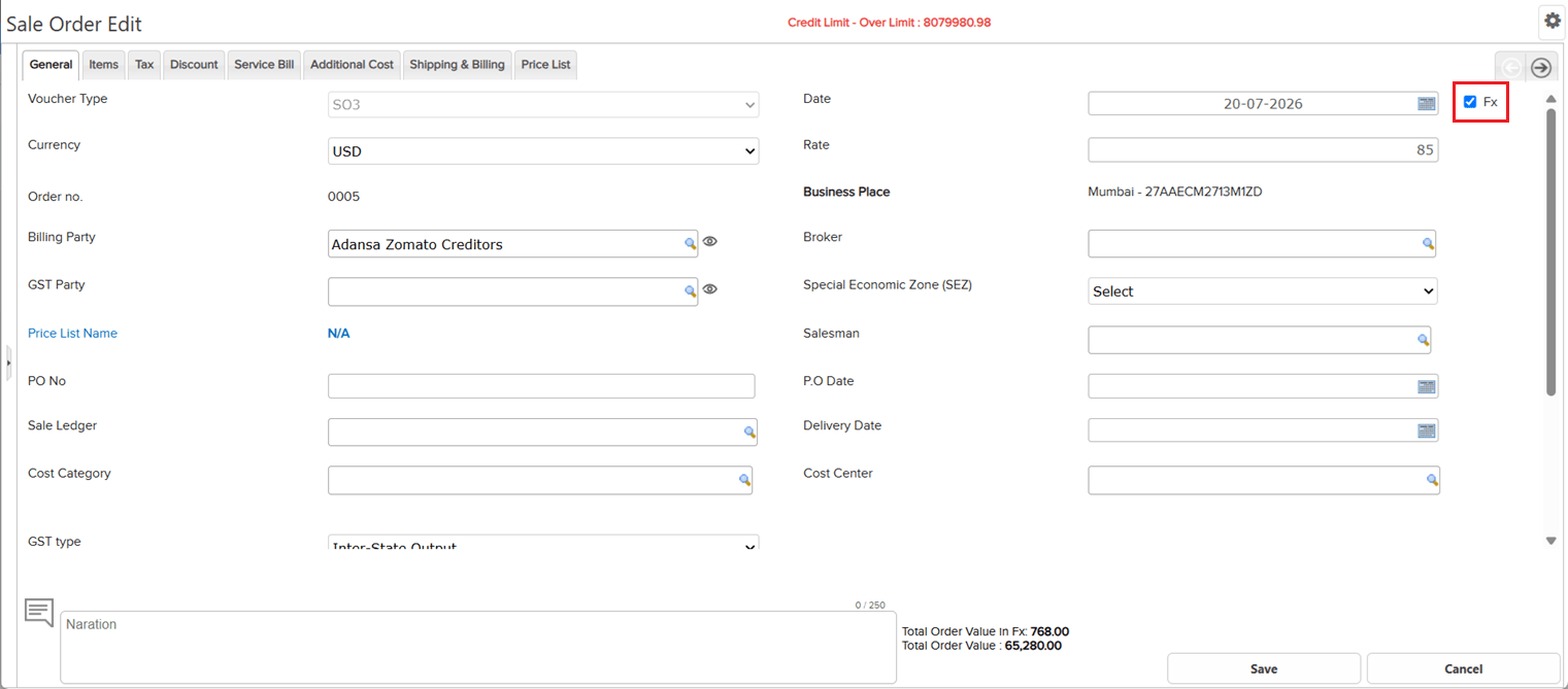 Sale Order Edit with Fx checkbox enabled and USD currency
