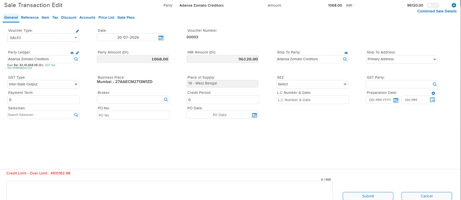 Sale Transaction Edit General tab with Fx amounts