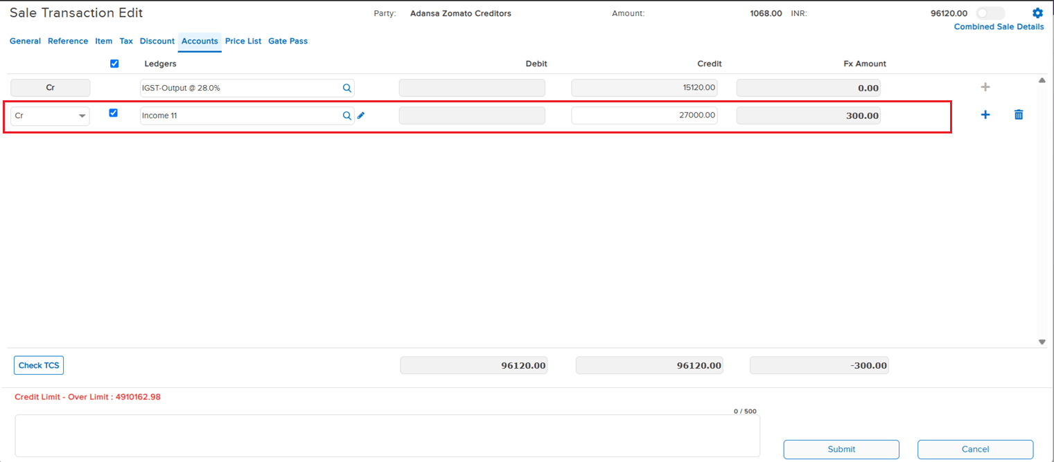 Sale Transaction Edit Accounts tab with additional ledger row and Fx Amount