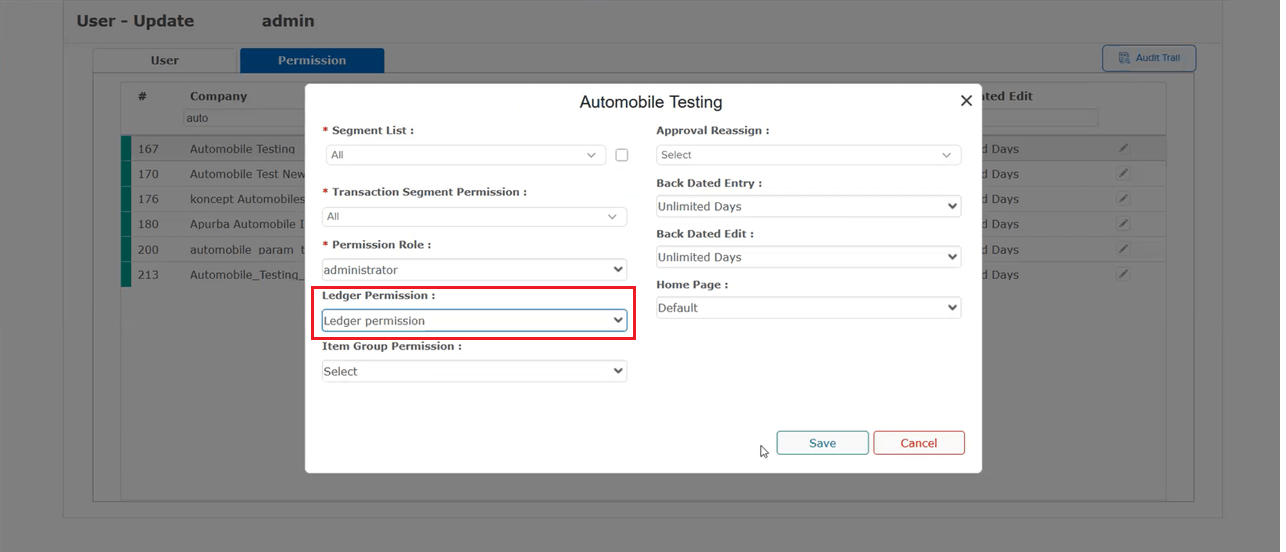 User Update Permission popup with Ledger Permission field highlighted