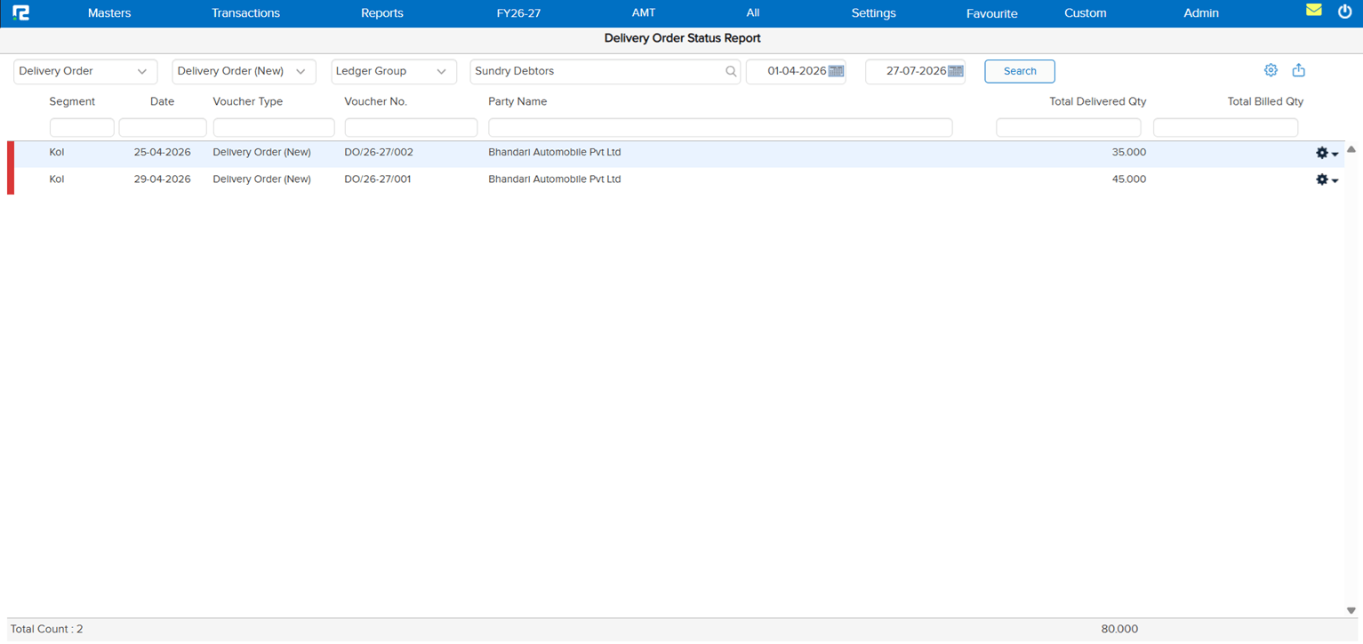 Delivery Order Status Report showing results after searching by Ledger Group