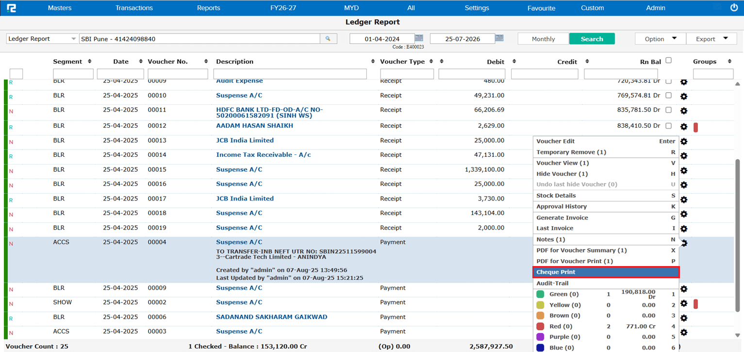 Ledger Report voucher context menu with Cheque Print option highlighted