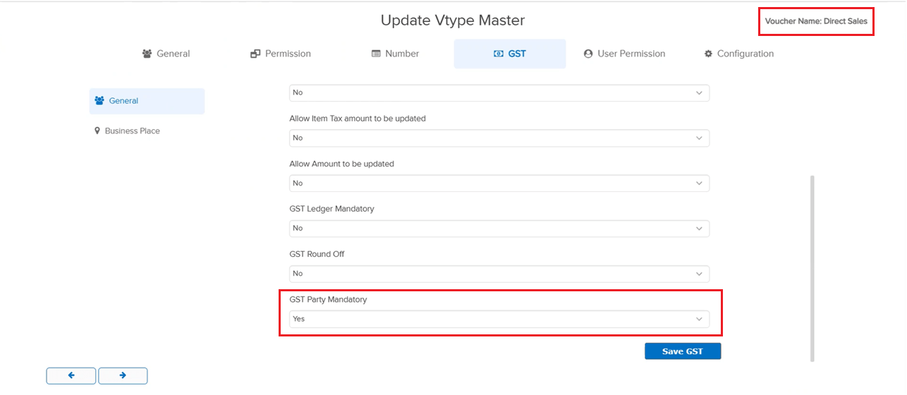 Update Vtype Master GST tab with GST Party Mandatory field set to Yes