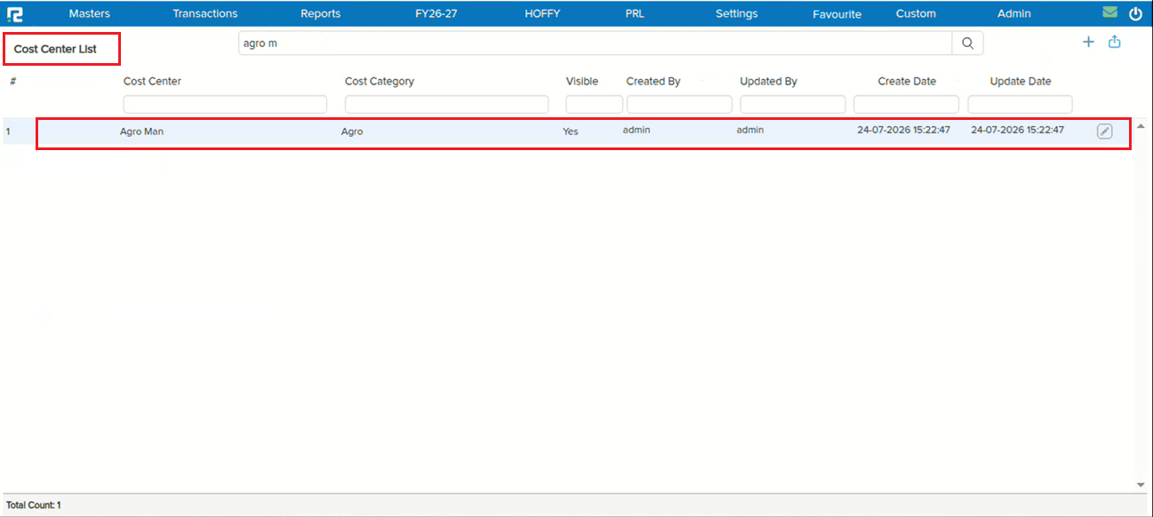 Cost Center List showing Agro Man cost center under Agro cost category