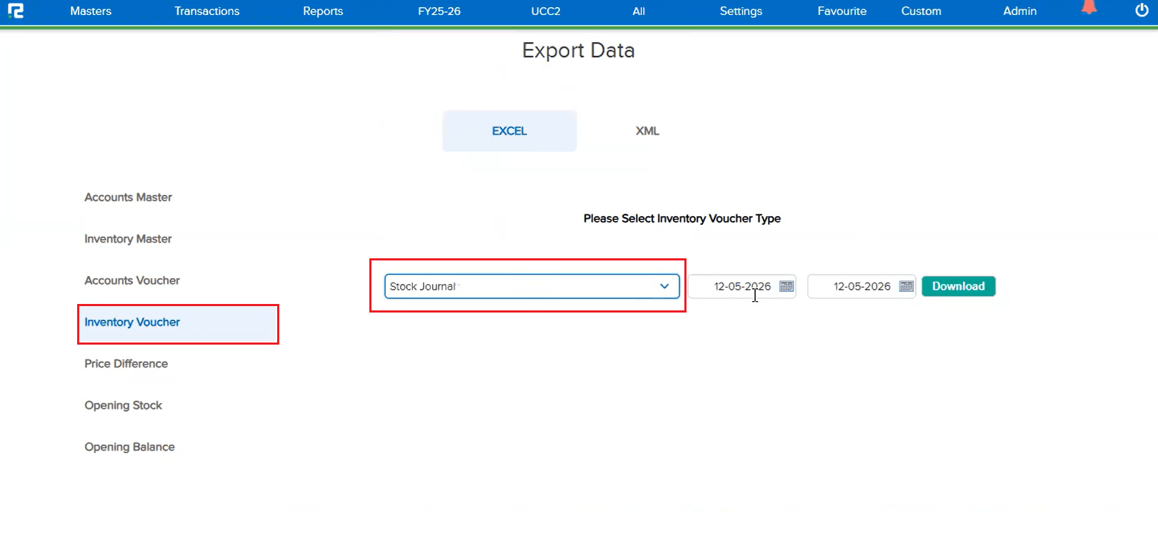 Stock Journal export in import format