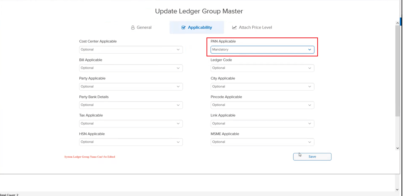 Ledger Master save issue when PAN mandatory