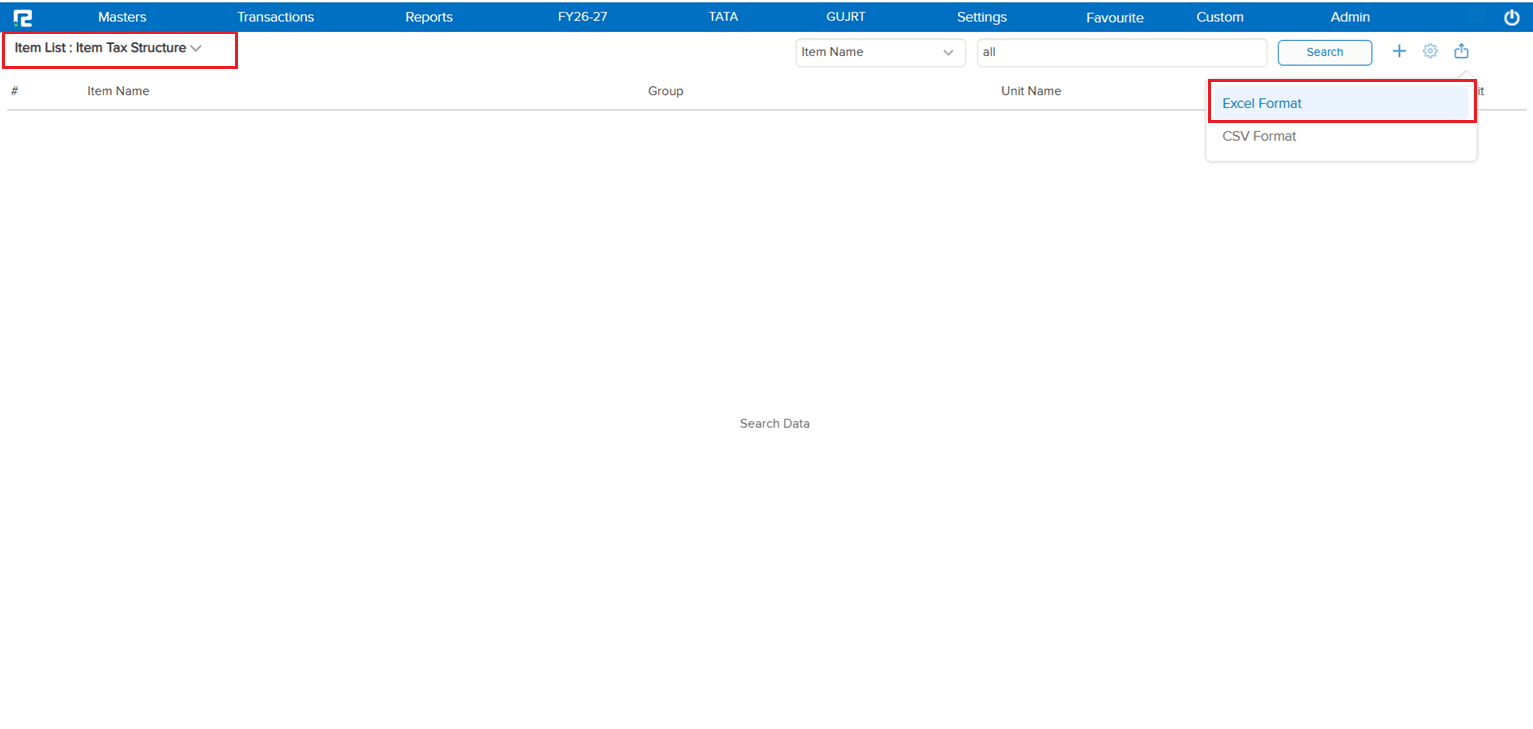Item Master Item List Item Tax Structure with Excel export option