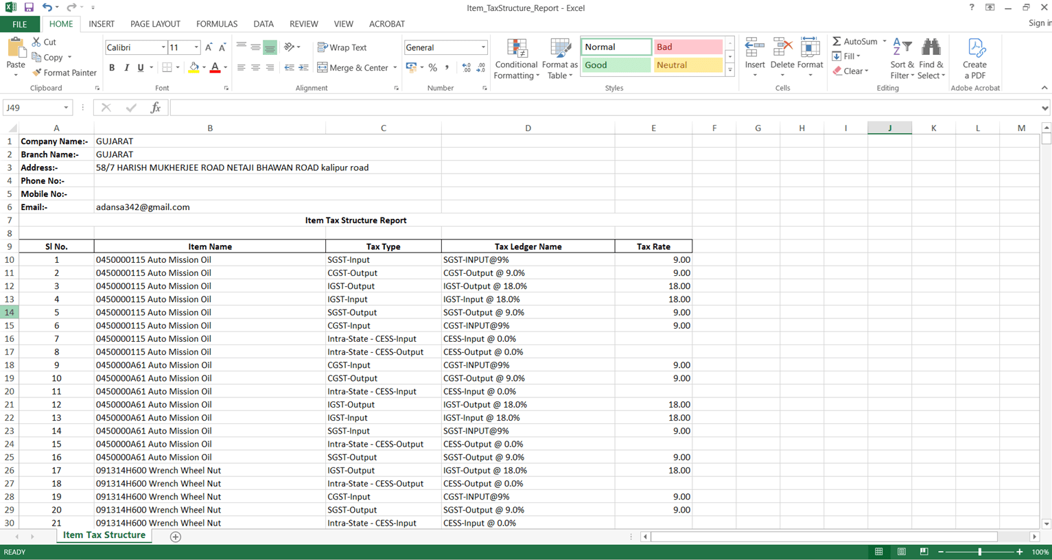 Item Tax Structure exported to a valid populated Excel file for a large item dataset