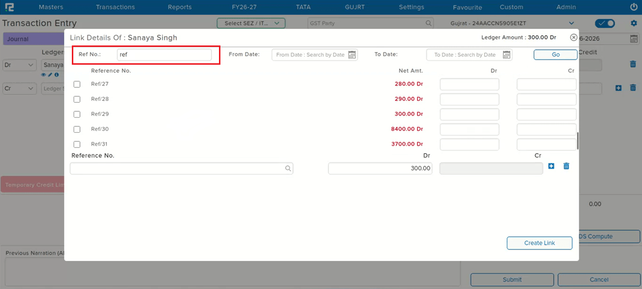 Link Ref search on Voucher Entry and Edit screens