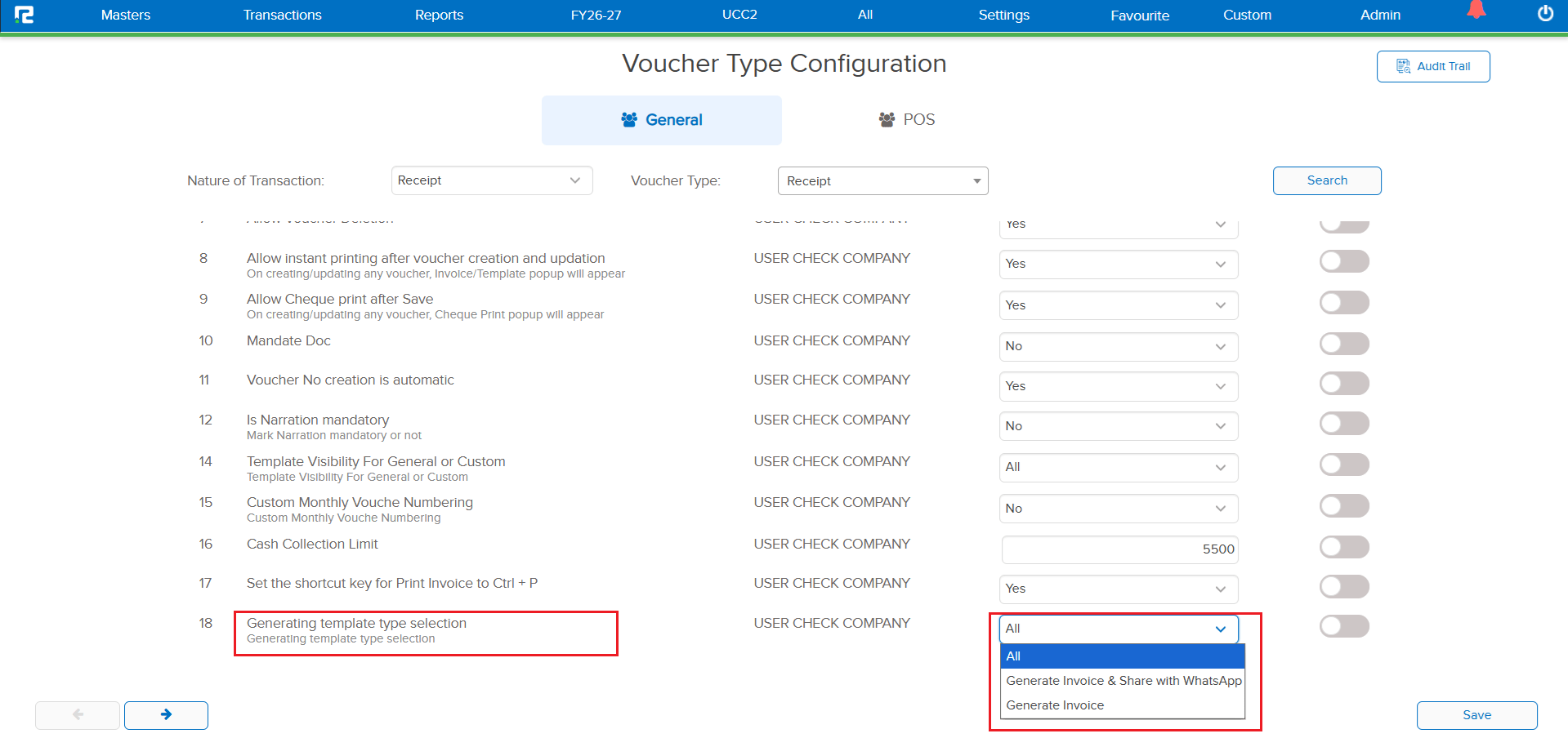 Default print option setting in Txn Configuration