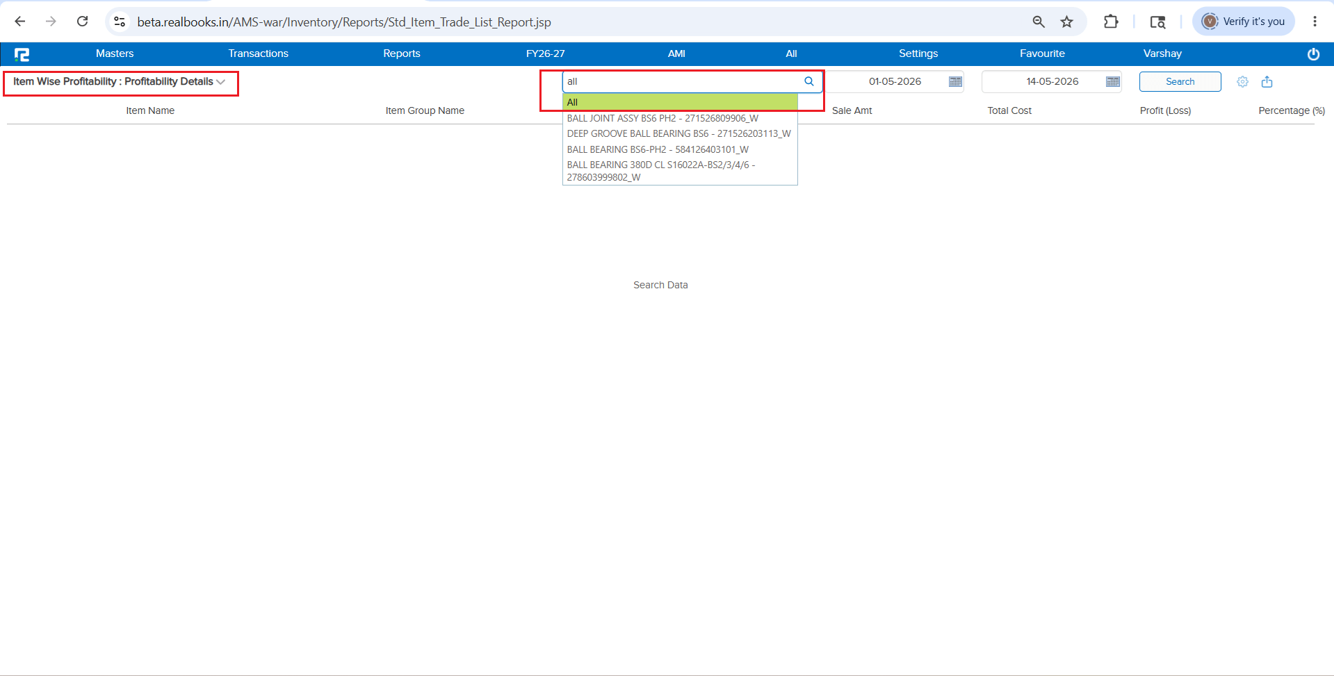 All items selection in Item Wise Profitability Details