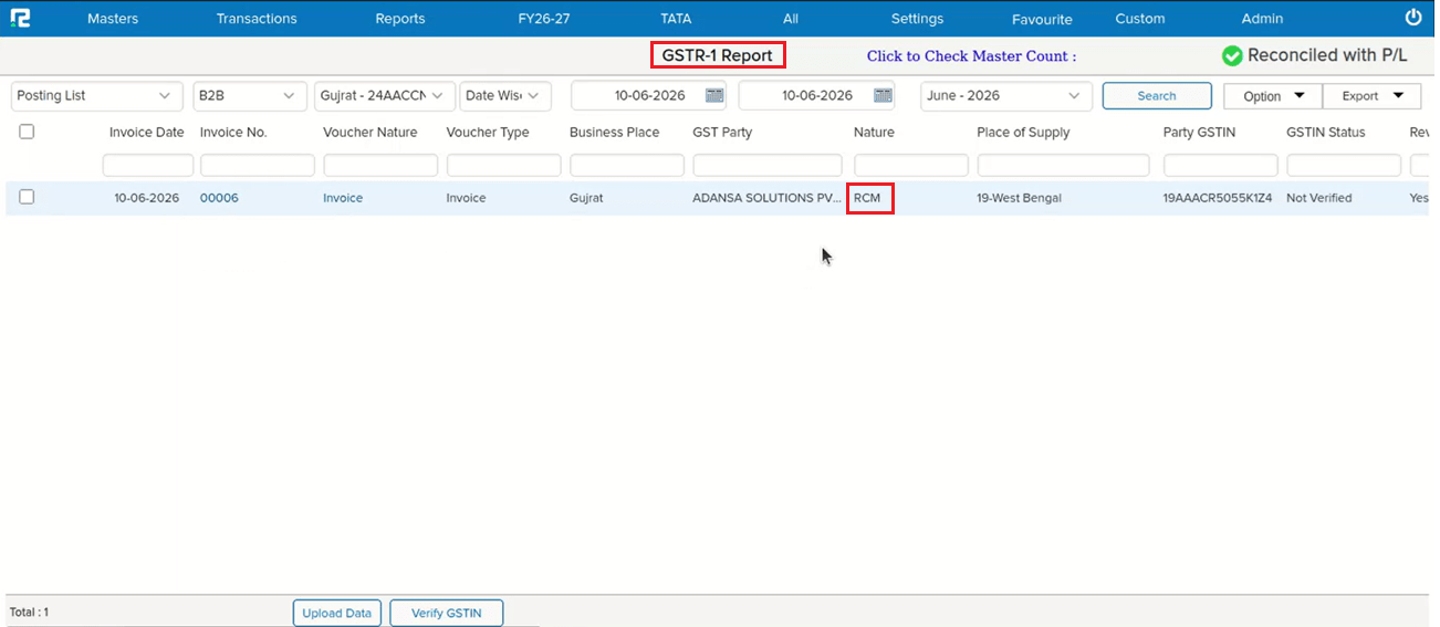 RCM B2B entry appearing in e-Invoice screen