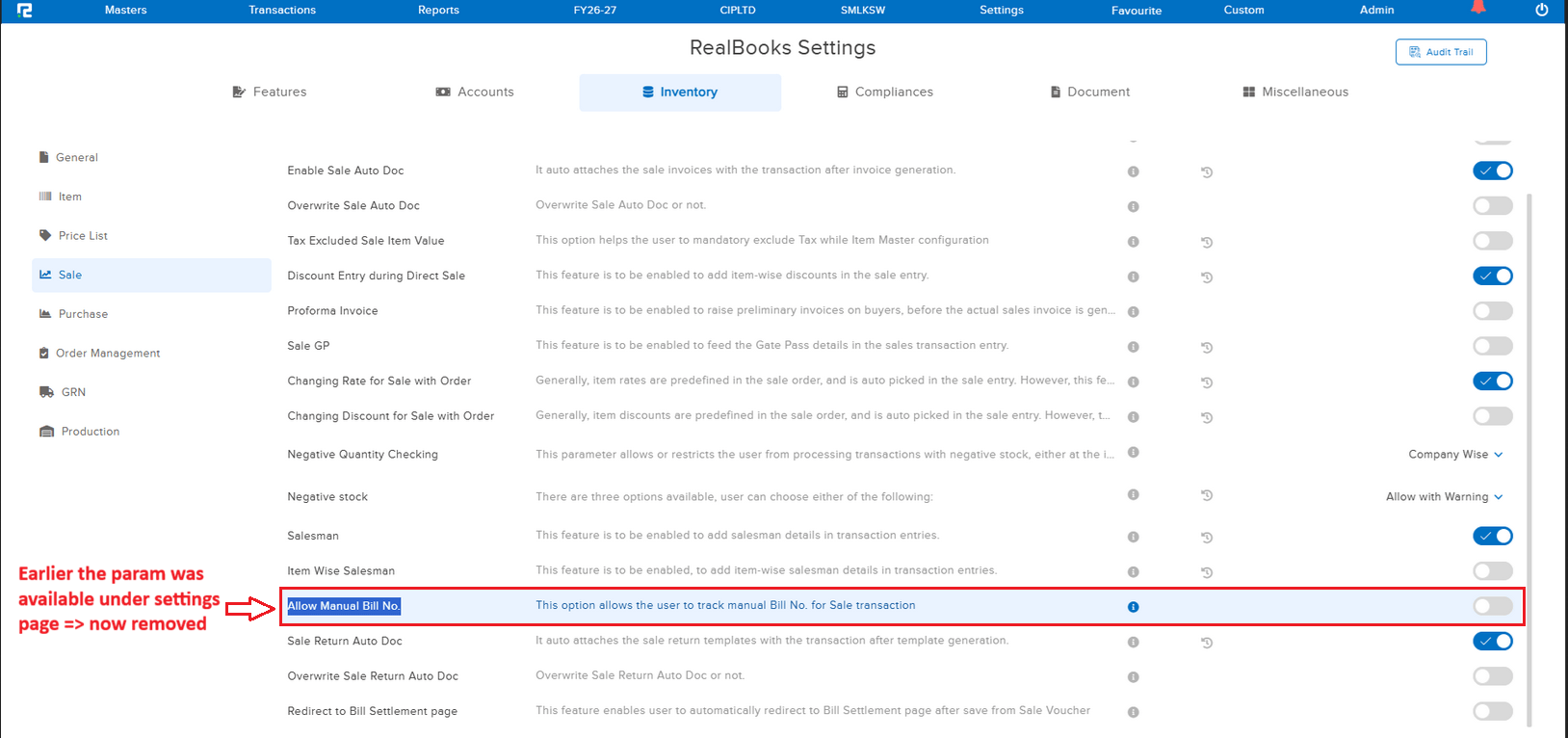 Allow Manual Bill No in Txn Configuration
