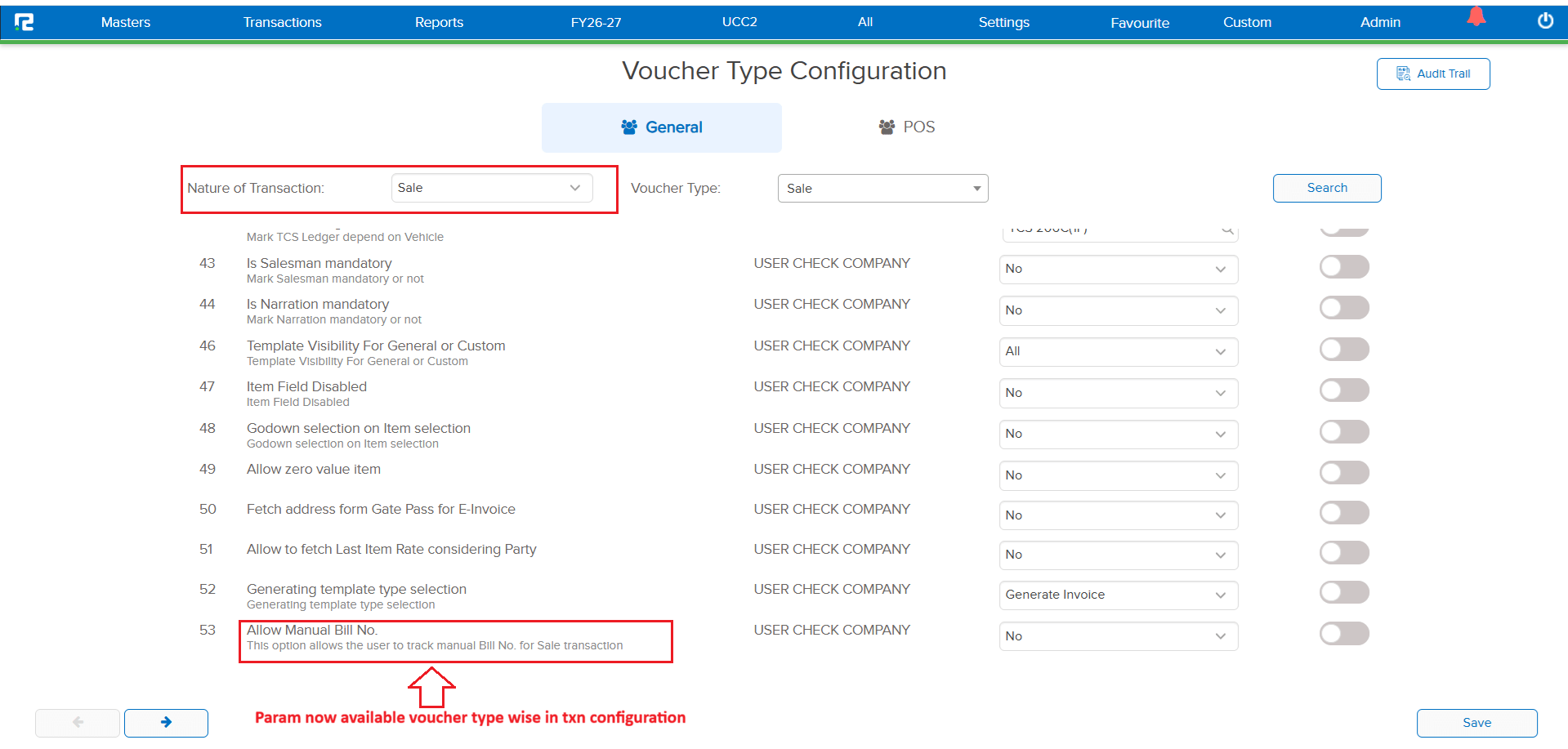 Manual Bill No option for Sale voucher type