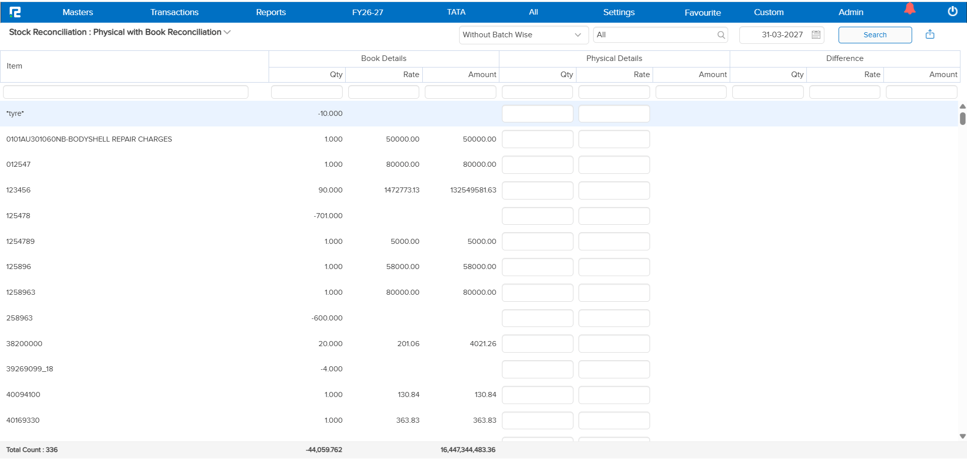 Physical vs Book Stock Reconciliation Report details