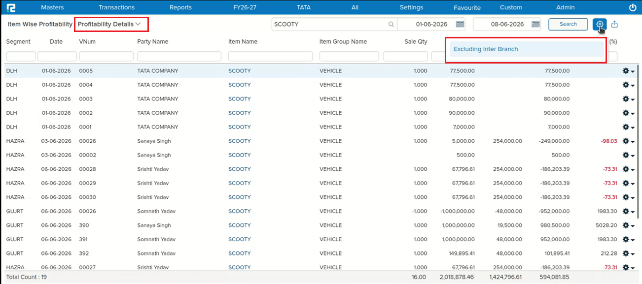 Exclude Inter-Branch option in Item-wise Profitability Details