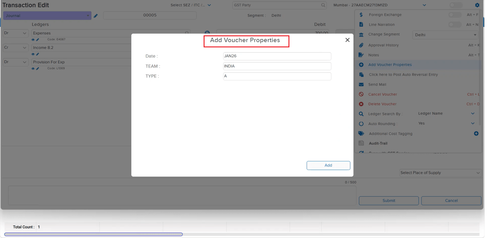 Voucher Property blank on UI