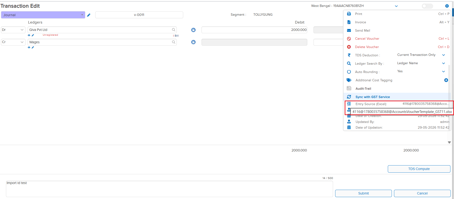 Excel File ID tracked in imported transaction