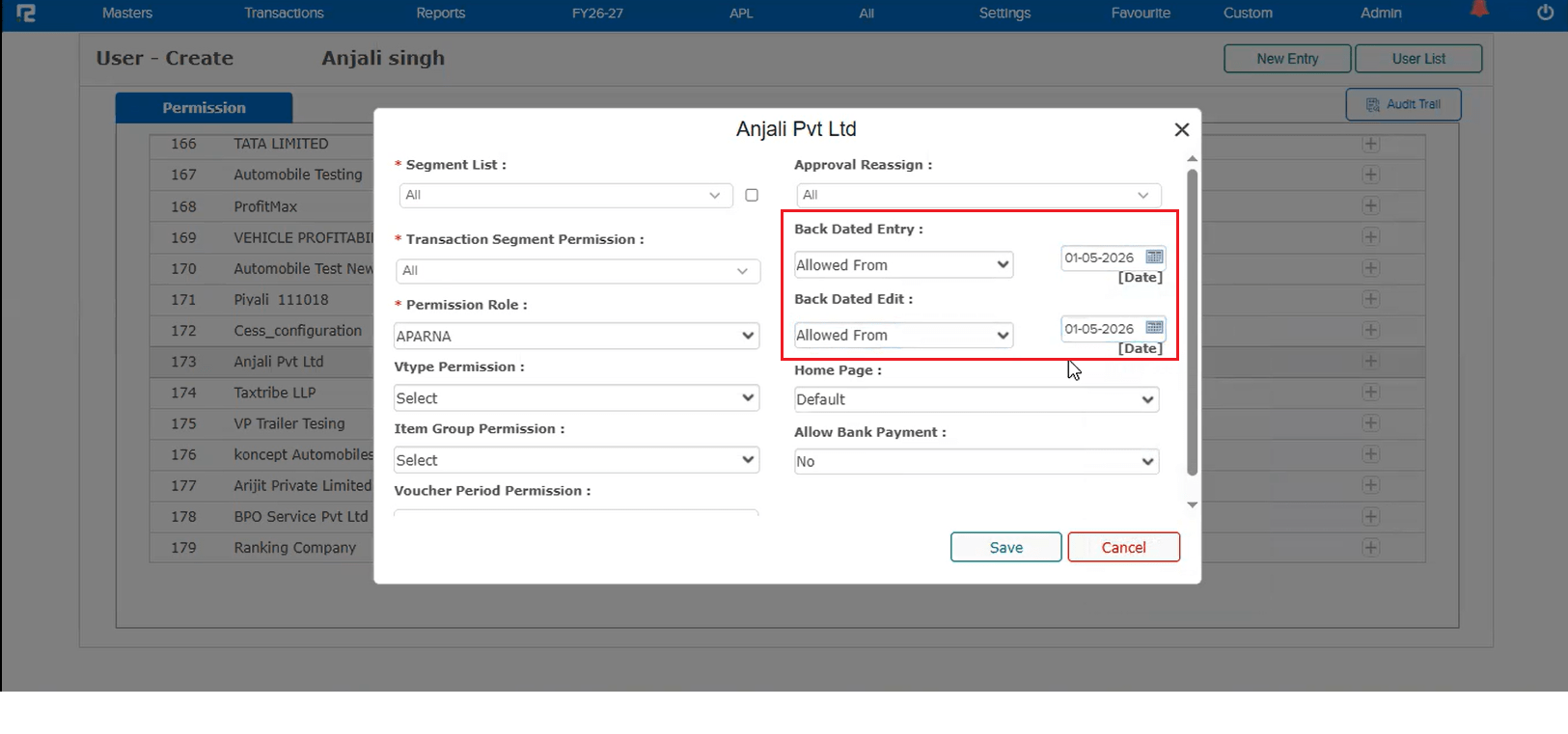 Back date entry edit saving issue