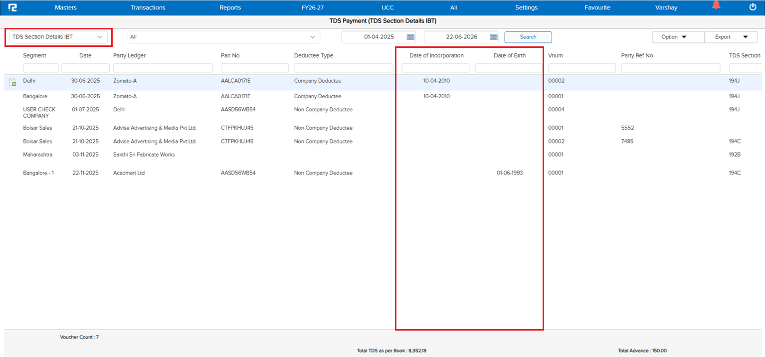 DOB / DOI fields in TDS Section Details IBT