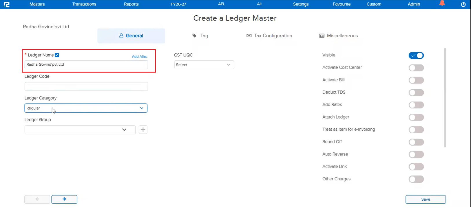 Single apostrophe allowed in Ledger Master