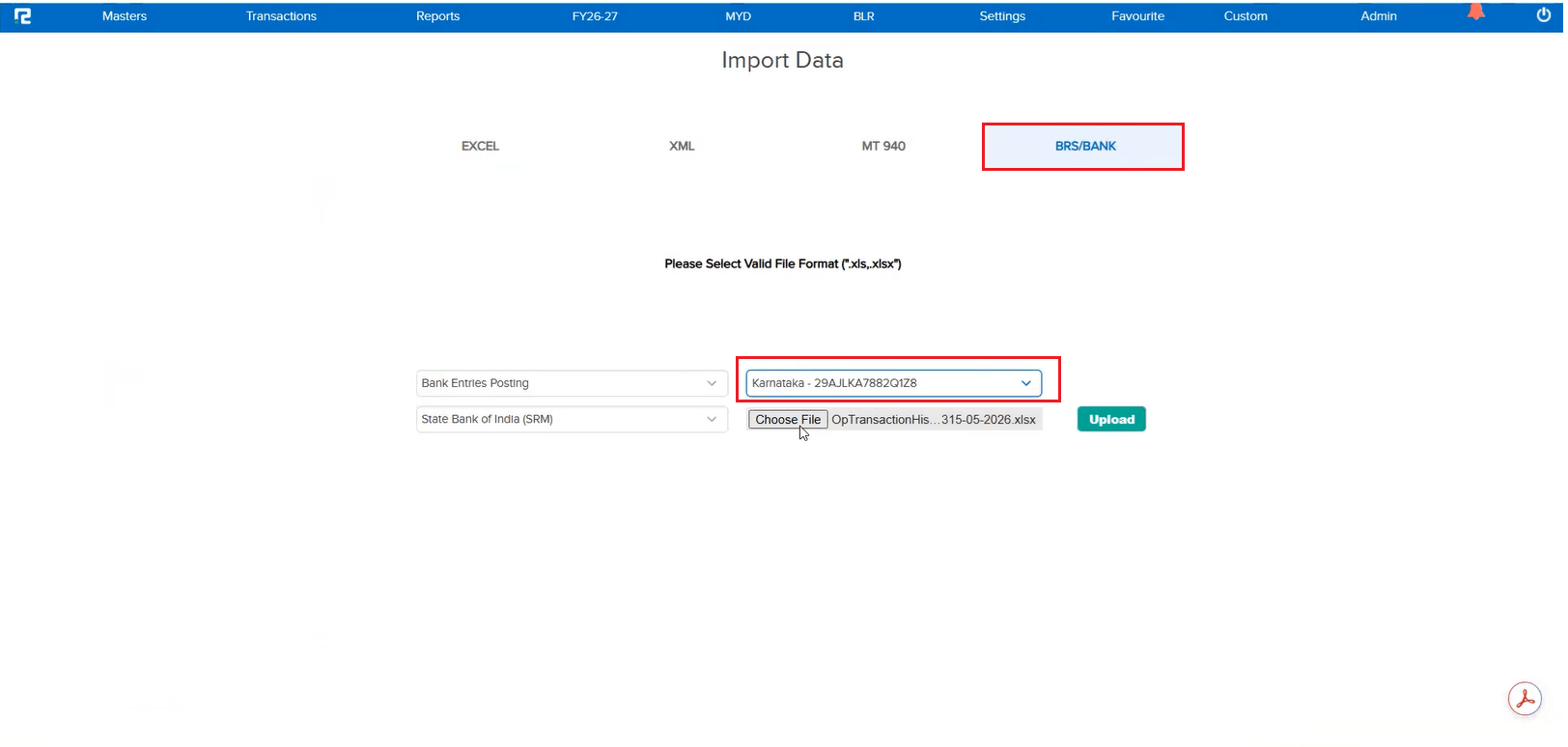 Business Place selection during Bank Statement import