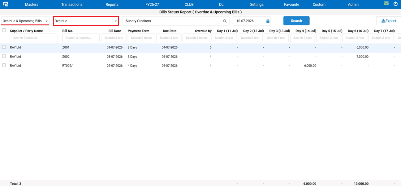 Pending Bills Due Within Next 7 Days report view