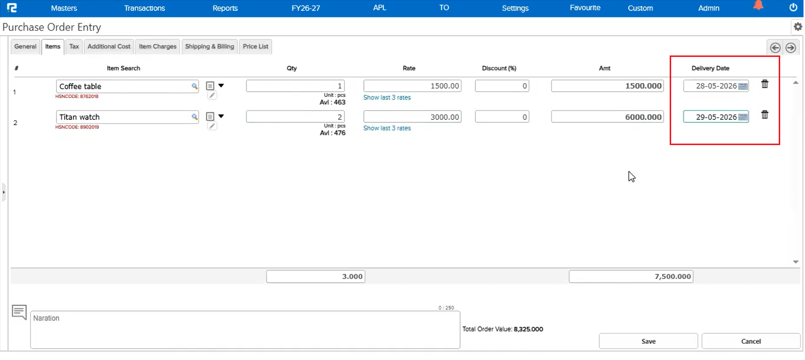 Item-wise Delivery Date in Purchase Order