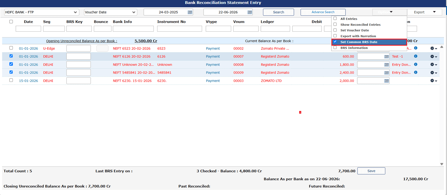 Bank Date filter with common date on BRS entry
