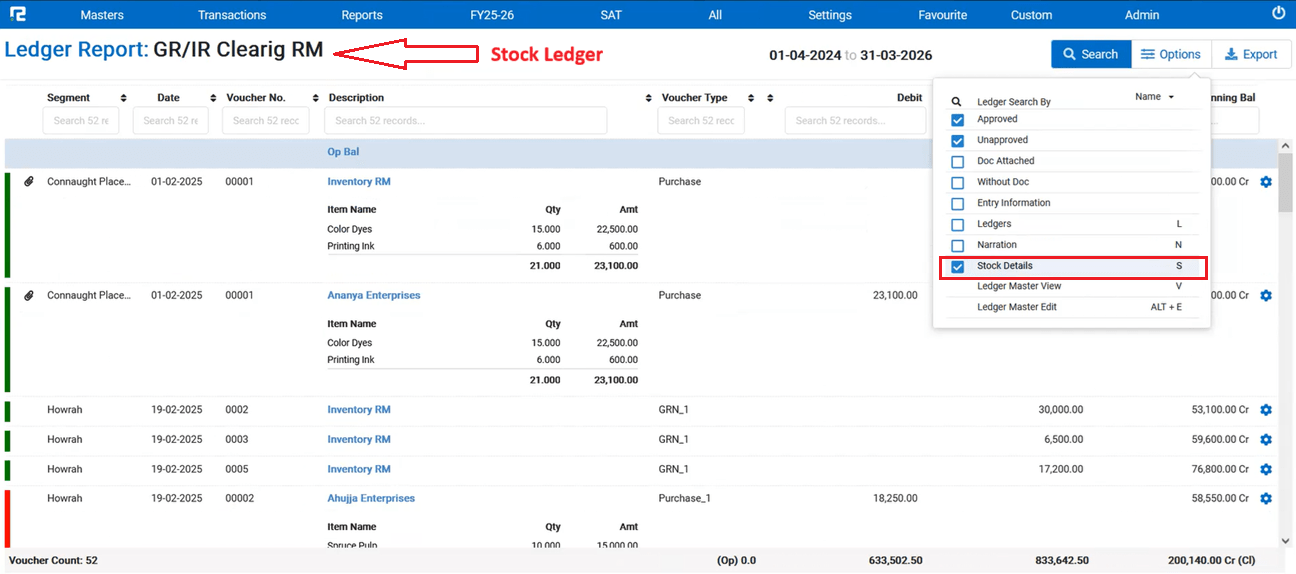 Stock Details option for Stock Accounting ledgers in Ledger Report