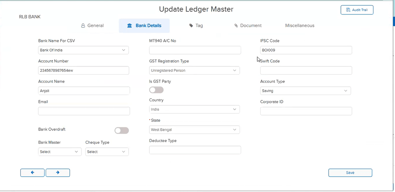 Bank details saved via Alt+C after fix - view 2