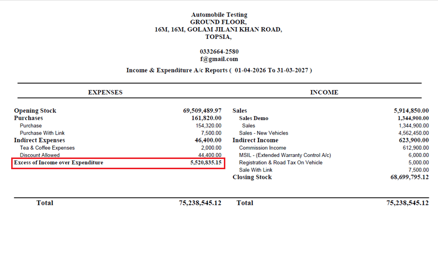 Report export named Income and Expenditure A/c