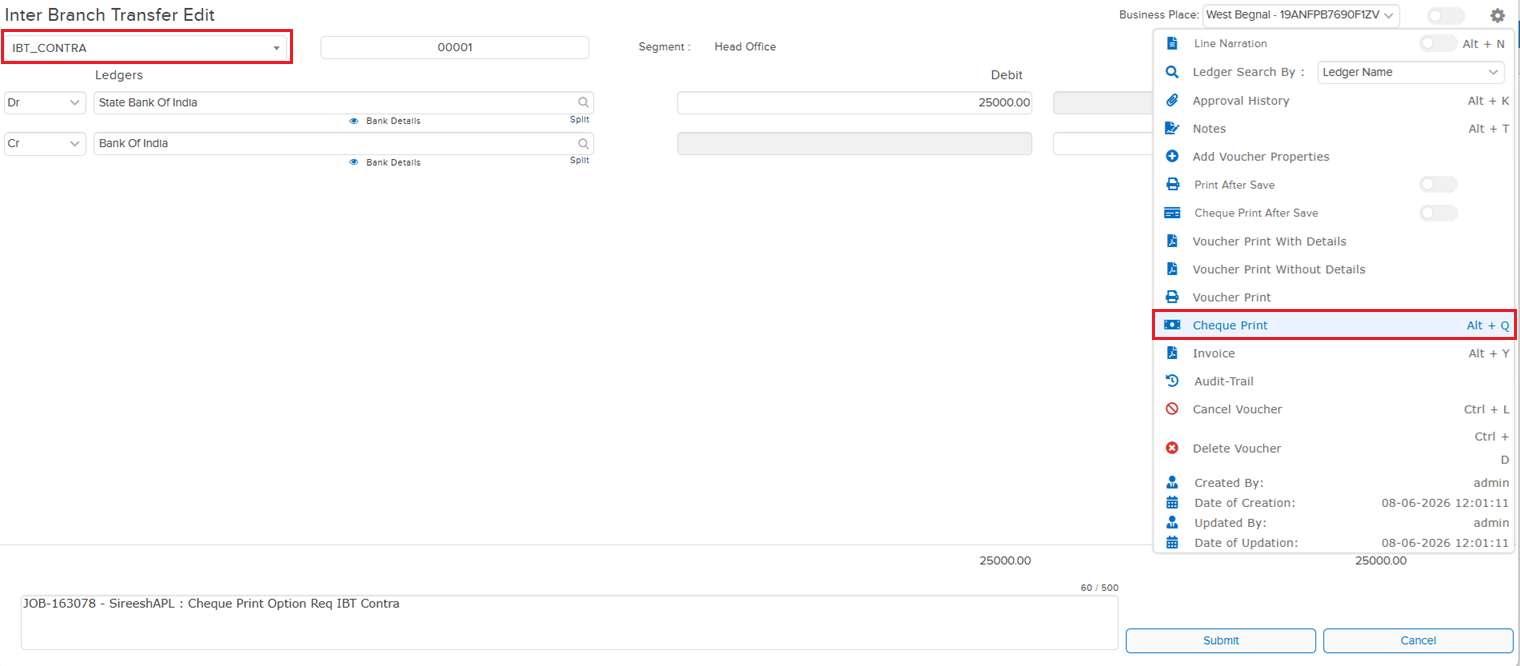 Cheque Print option in IBT Contra Voucher Type