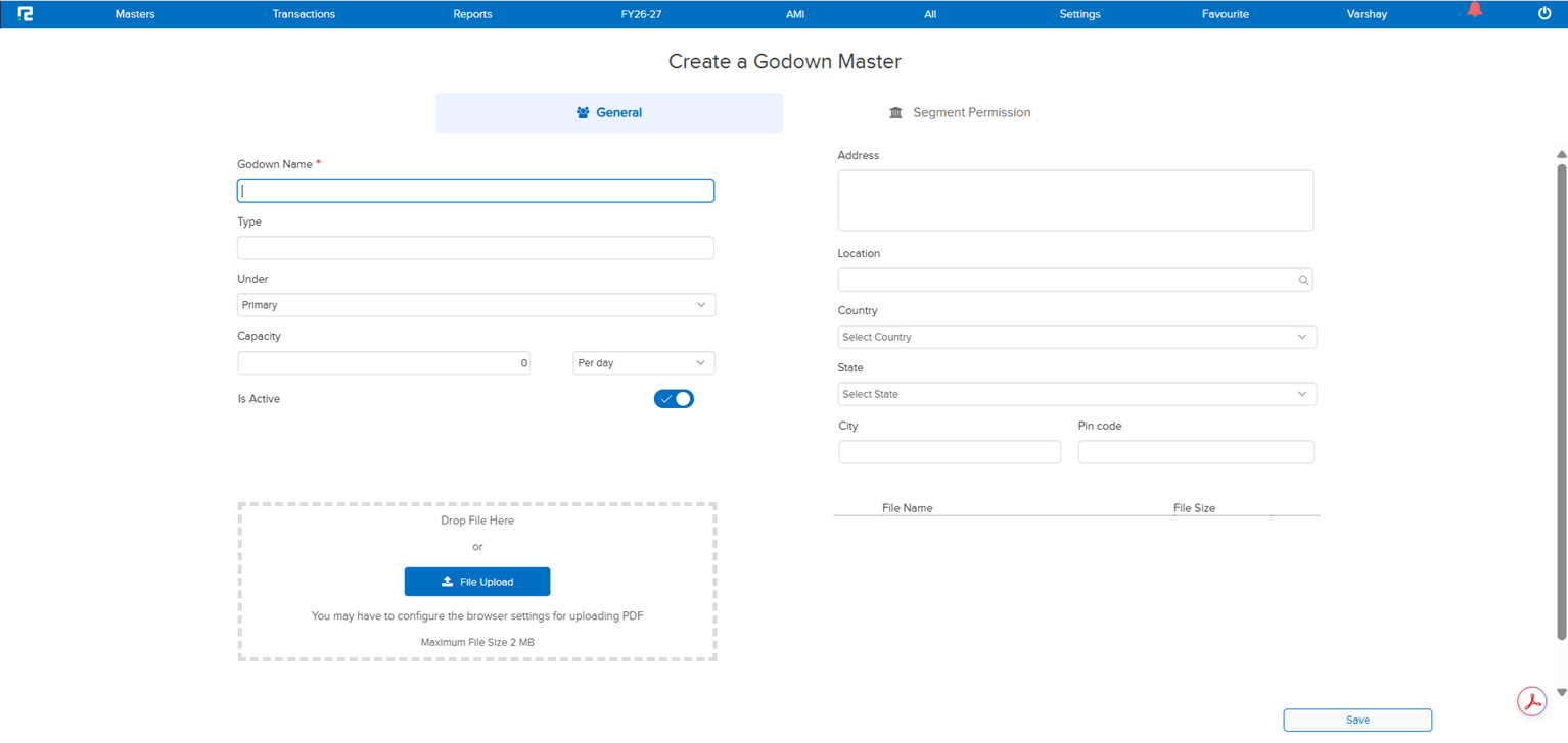 Document attachment option in Godown Master