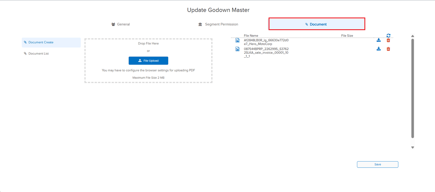 Attached documents visible in Godown edit