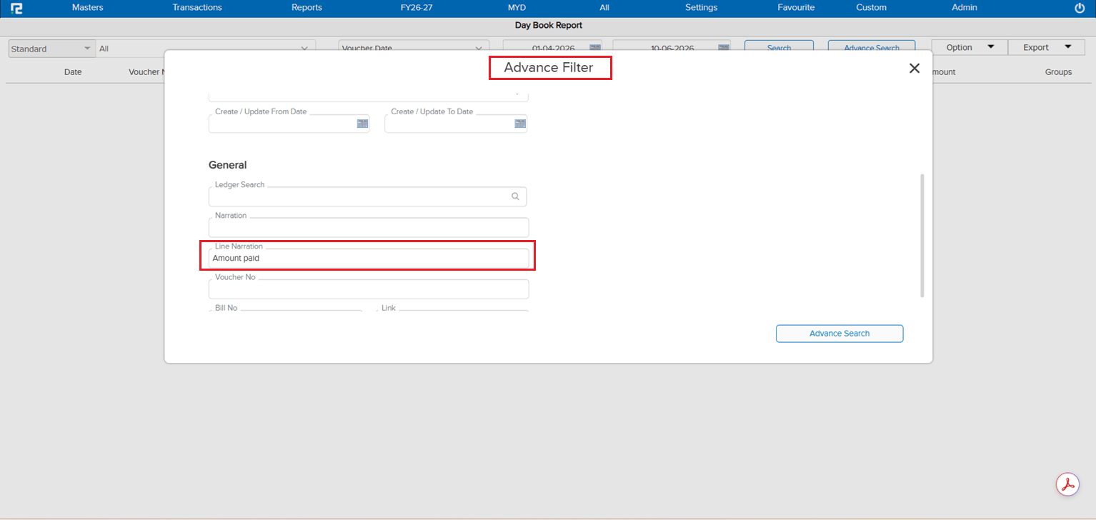 Line Narration search results in Daybook Advance Search