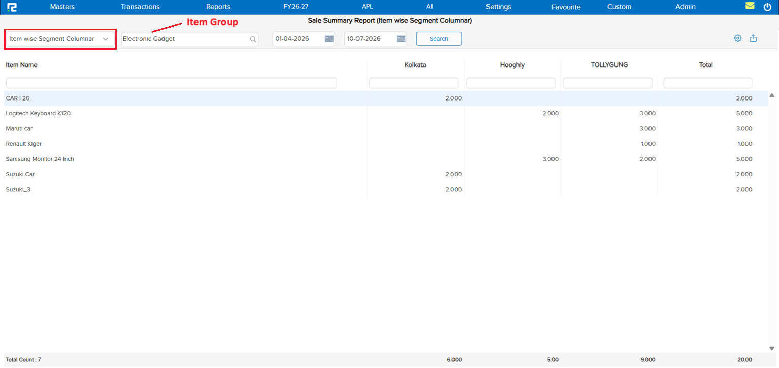 Sales Qty Godown/Segment Wise Report UI view