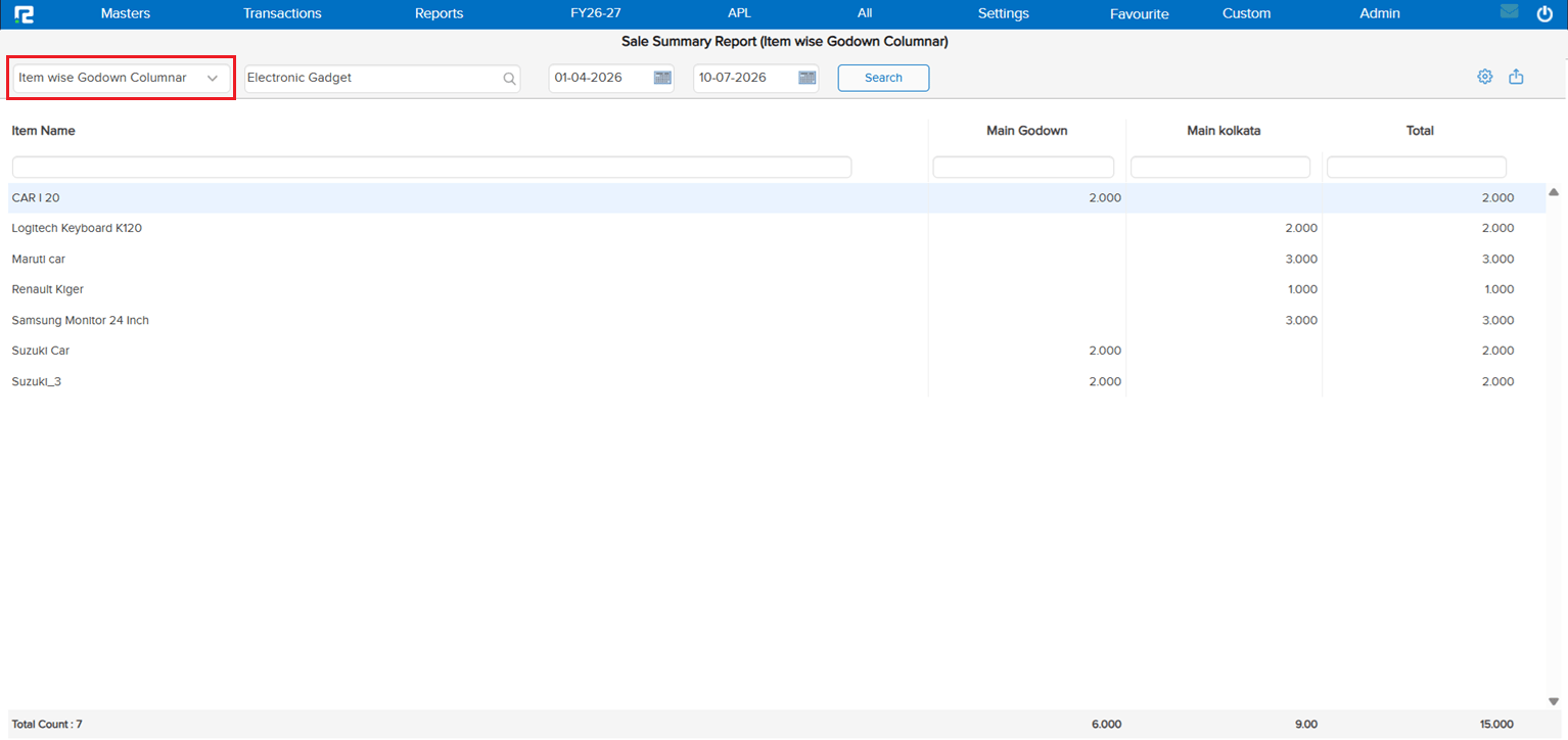 Sales Qty Godown/Segment Wise Report additional view