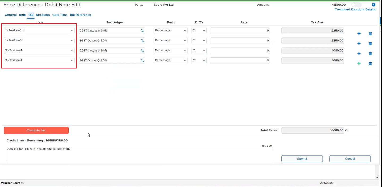 Item removed and tax ledger issue in Price Difference edit mode