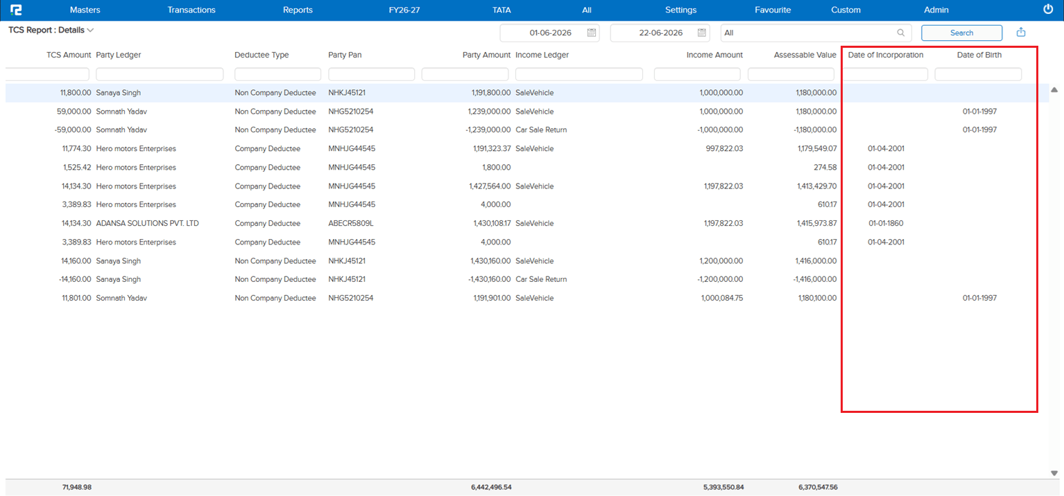 DOB / DOI fields shown in TCS Report Details