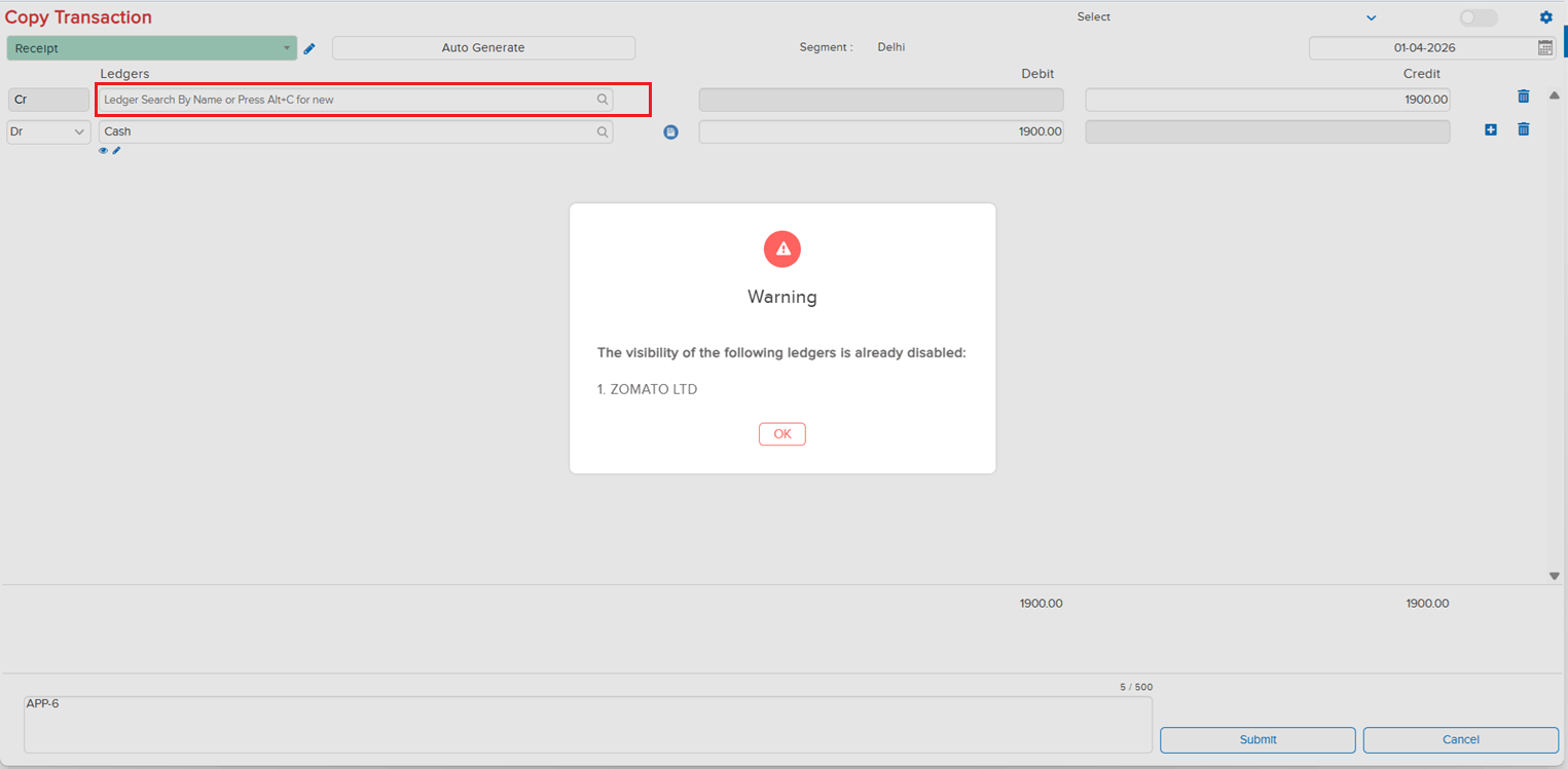 Restriction message with Ledger Name in Copy Transaction